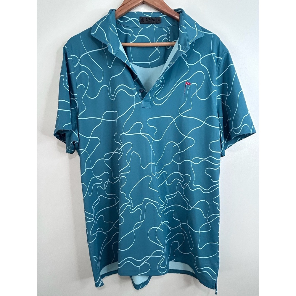 G/FORE Mens XL Teal Blue Abstract‎ Line Performance Golf Polo Shirt Short Sleeve